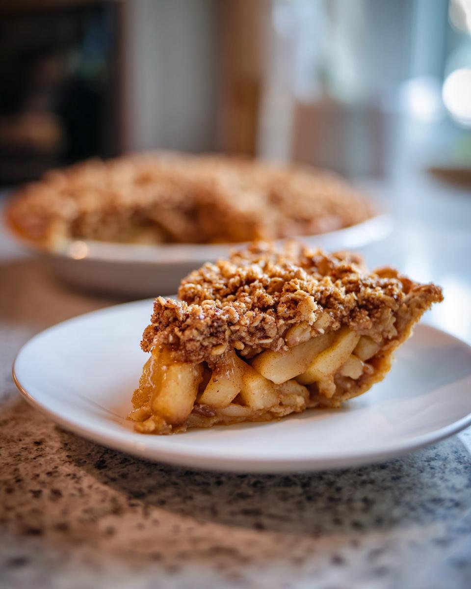Close-up of a serving of pear crisp showing tender fruit filling and a thick, crunchy oat topping.