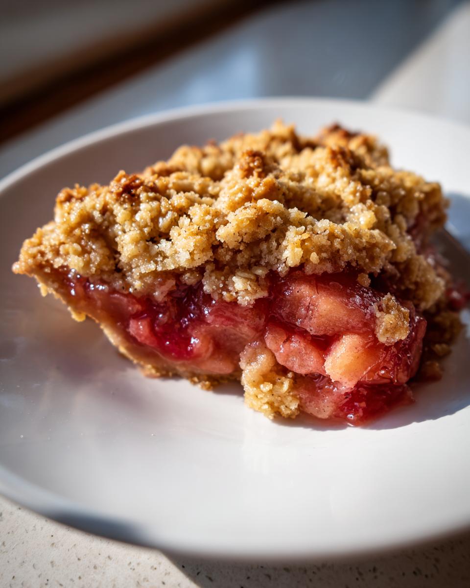 A close-up of a perfectly baked slice of rhubarb crisp showing the juicy red filling and golden oat topping.