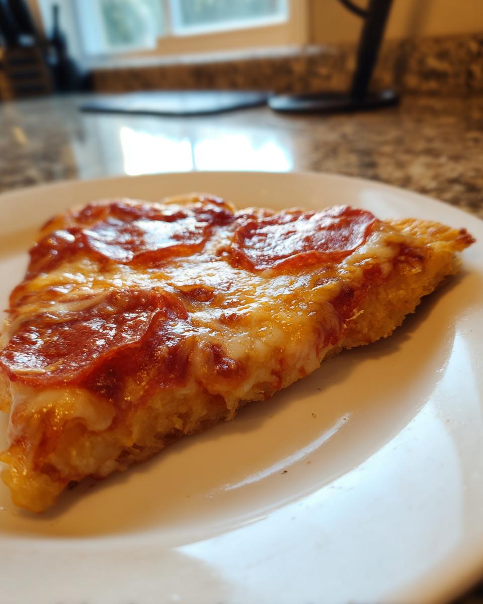Close-up of a slice of pepperoni pizza showing melted cheese and the thick texture of the keto pizza crust.
