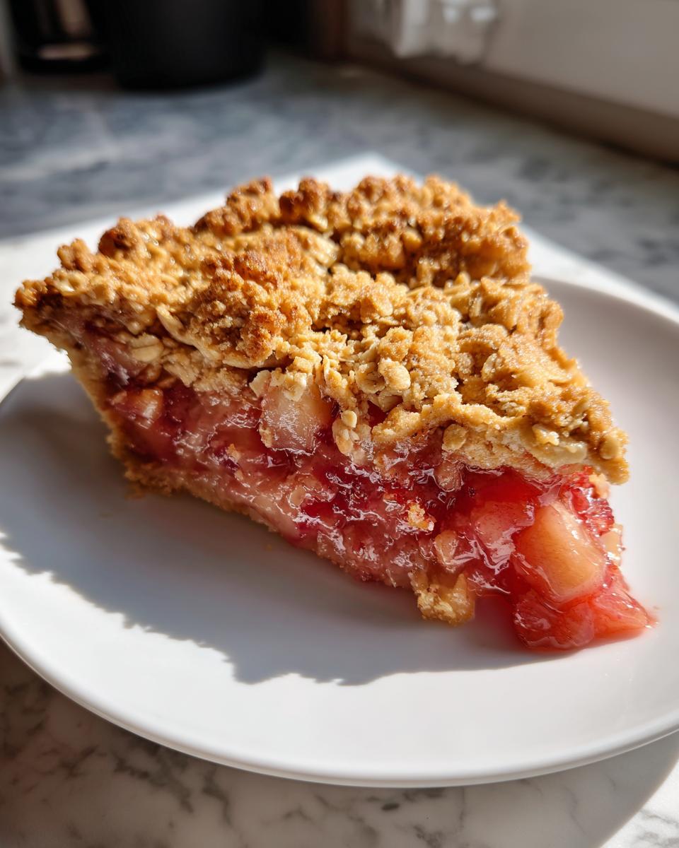A close-up of a slice of rhubarb crisp showing the gooey, pink rhubarb filling and golden oat topping.