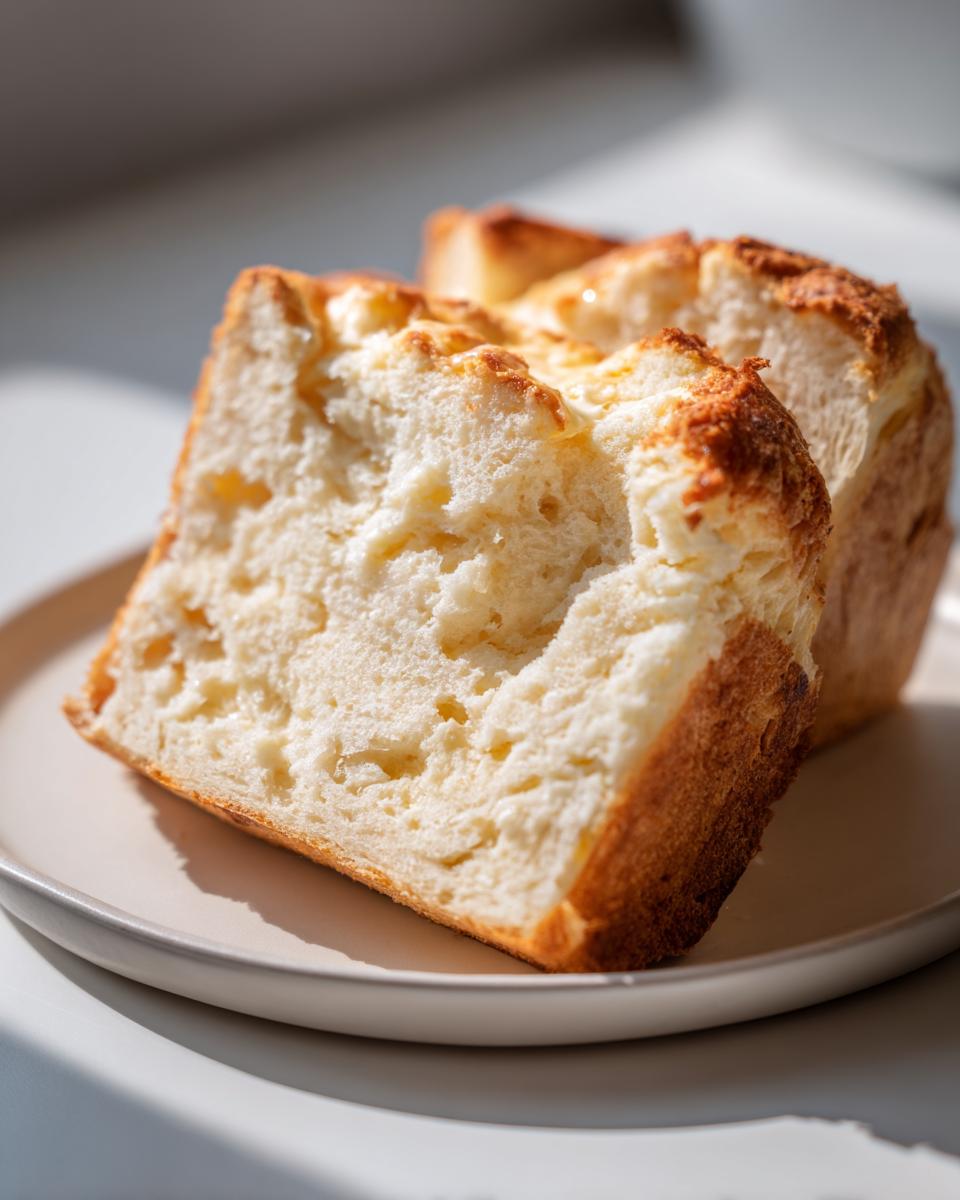 Two thick slices of light, fluffy beer bread showing a soft interior and golden-brown crust on a neutral plate.