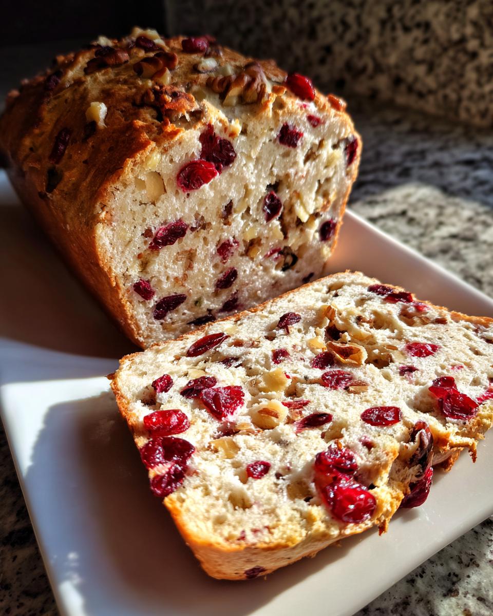 Close-up of freshly baked cranberry walnut bread, showing a loaf with two slices cut, revealing bright red cranberries and walnuts throughout.