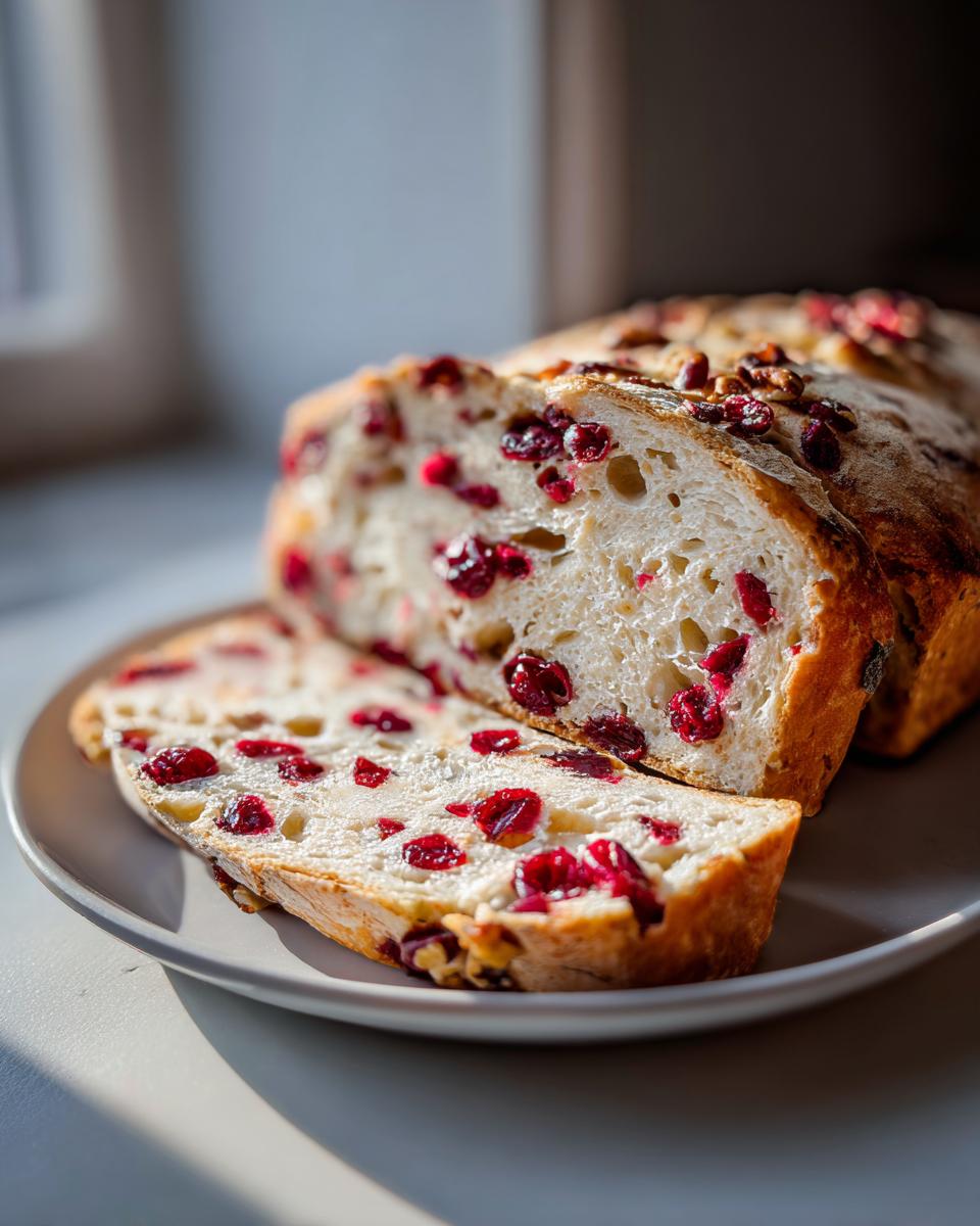 Close-up of sliced cranberry walnut bread showing a soft interior studded with bright red cranberries and walnuts.