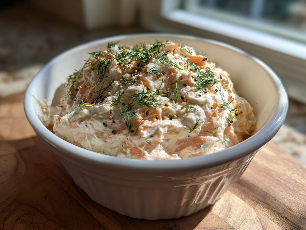 A white bowl filled with creamy smoked salmon dip, garnished generously with fresh dill and seeds.