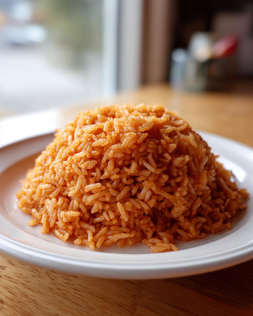 A mound of vibrant orange, smoky jollof rice served on a white plate.