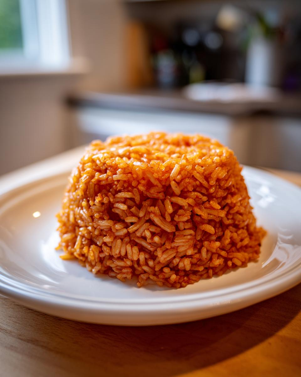 A perfectly molded mound of vibrant orange smoky jollof rice served on a white plate.