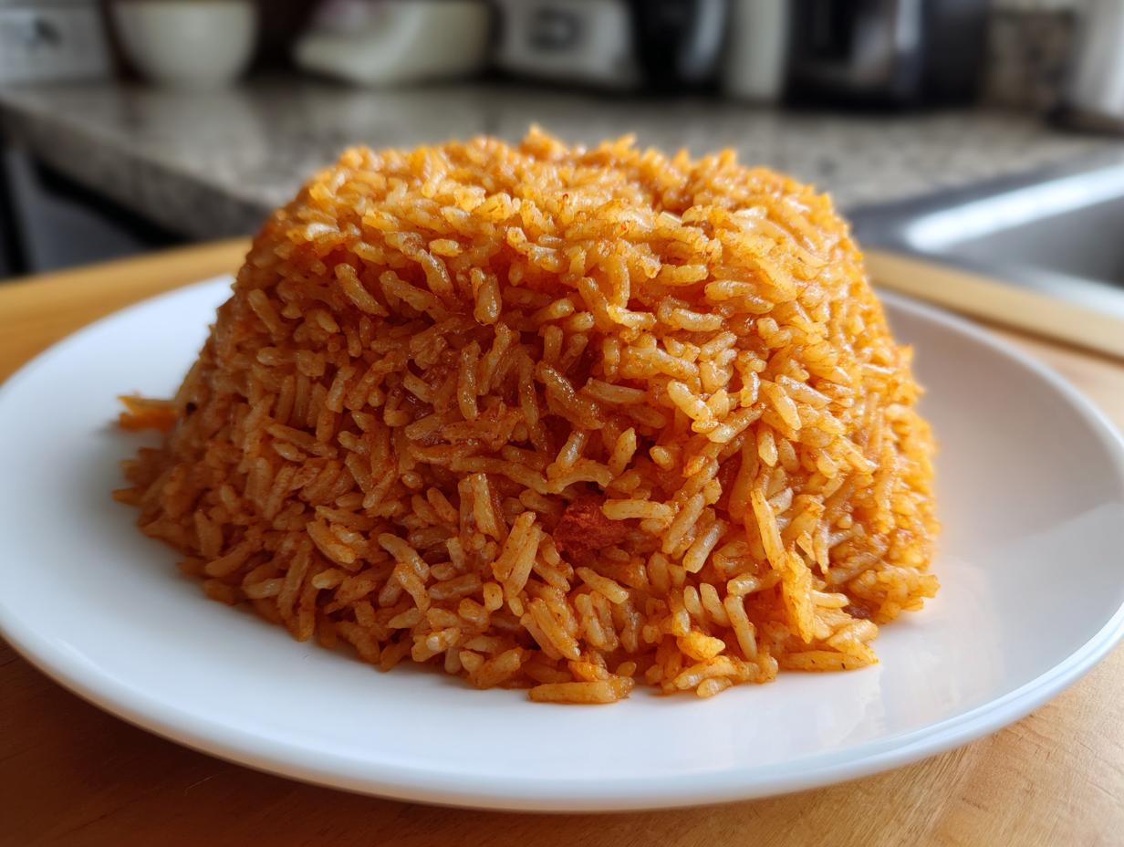 A mound of vibrant, orange-red smoky jollof rice served neatly on a white plate.