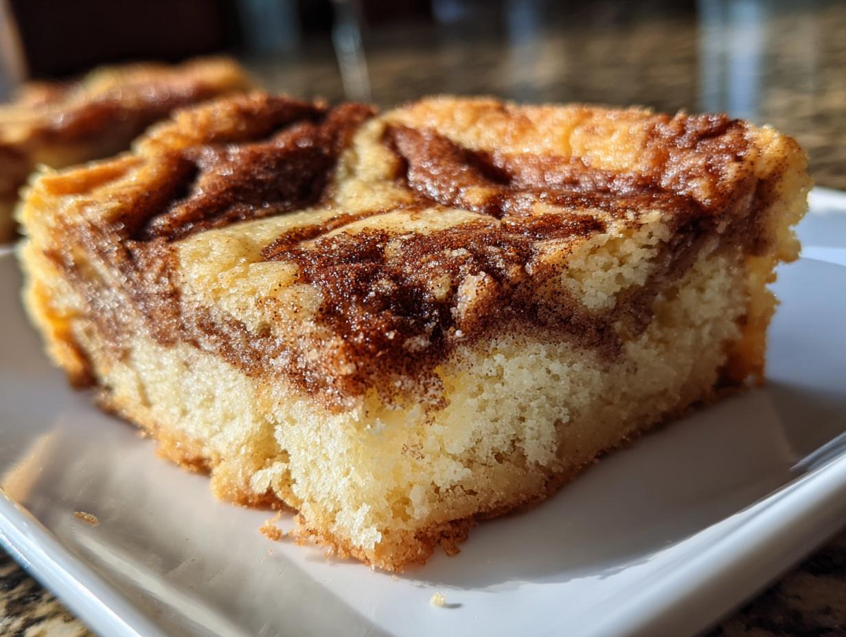 A close-up, side view of a thick, moist slice of snickerdoodle blondies showing the light cake base swirled with cinnamon sugar topping.