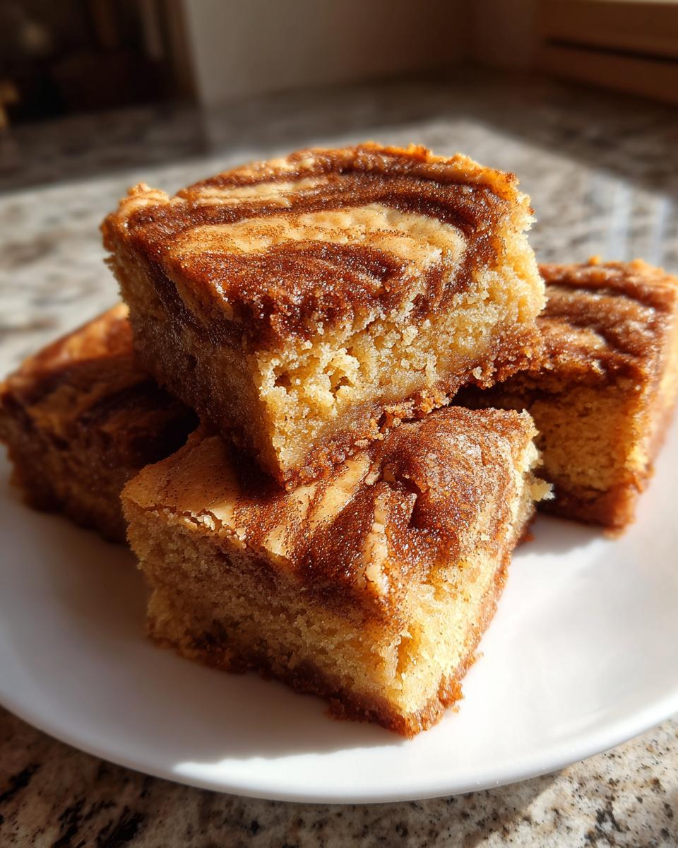 Close-up of stacked, chewy snickerdoodle blondies with a visible cinnamon swirl topping.