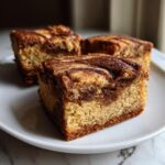 Three rich, square snickerdoodle blondies with a prominent cinnamon swirl topping served on a white plate.