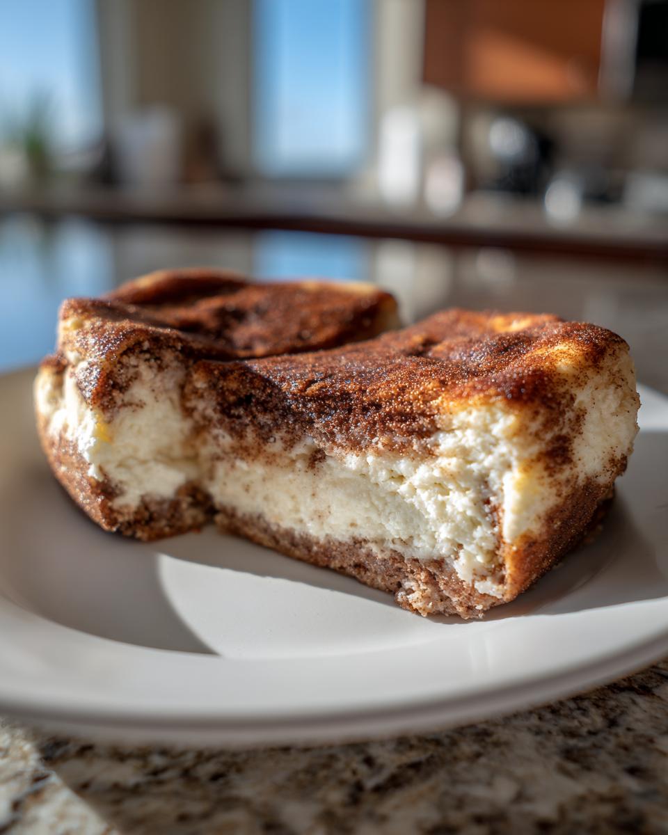 A close-up, low-angle shot of a rich slice of snickerdoodle cheesecake with a thick cinnamon-sugar topping on a white plate.