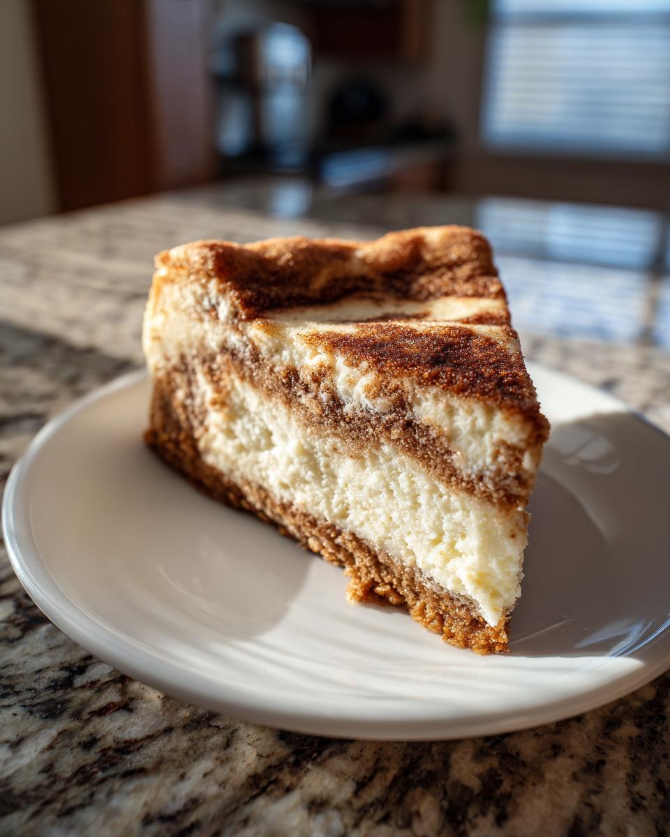 A close-up shot of a perfect slice of snickerdoodle cheesecake with a cinnamon swirl topping on a white plate.