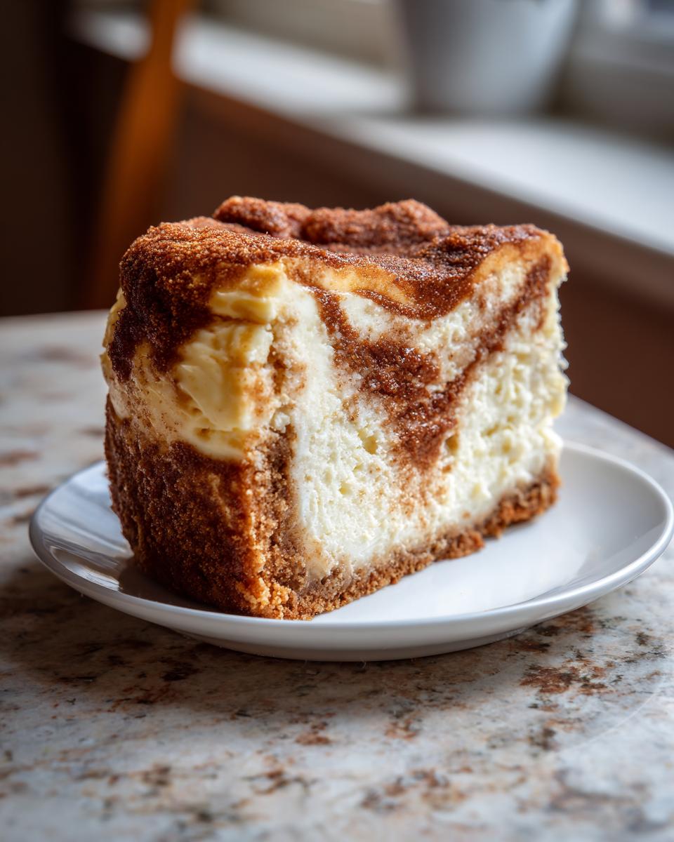 A thick slice of snickerdoodle cheesecake with a cinnamon swirl on a white plate.