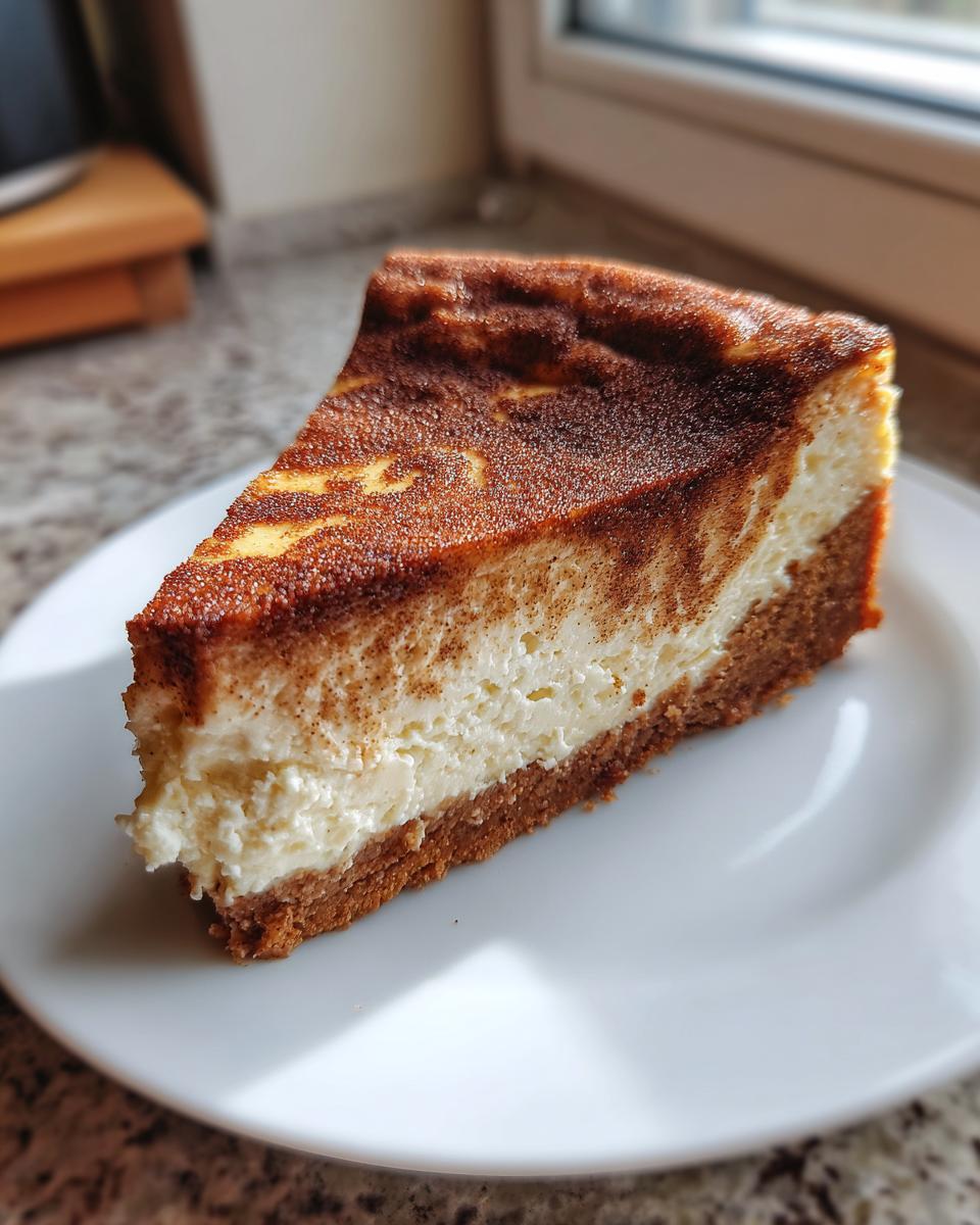 A close-up of a perfect slice of snickerdoodle cheesecake with a cinnamon-swirled top, resting on a white plate.