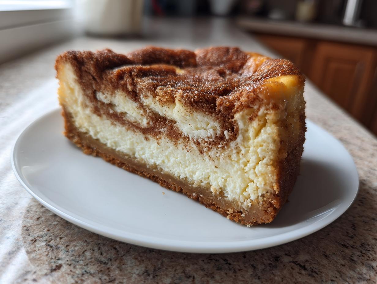 A close-up of a perfect slice of snickerdoodle cheesecake featuring a creamy center and cinnamon swirl topping on a white plate.