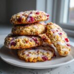 A stack of soft cranberry orange cookies drizzled with a white citrus glaze, sitting on a white plate.