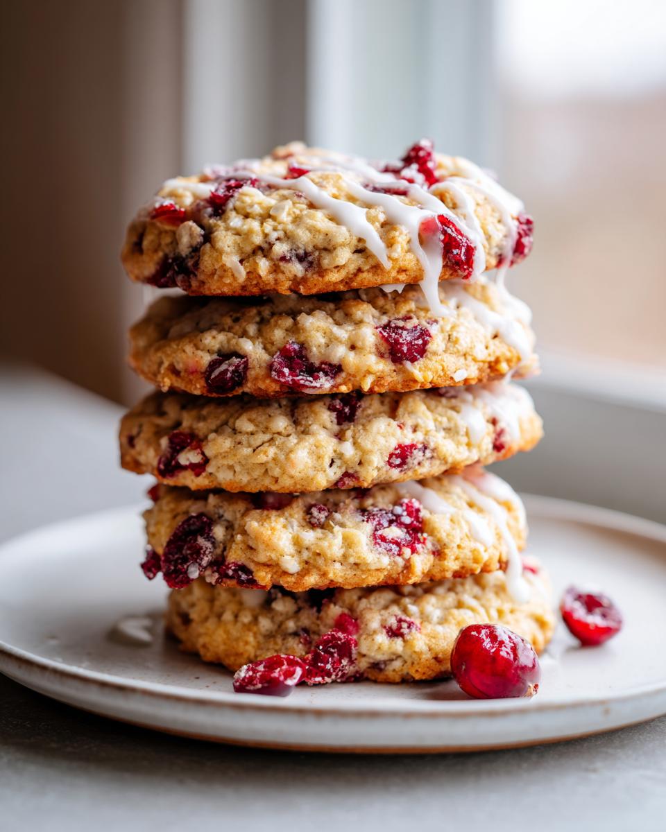 A stack of four soft cranberry orange cookies drizzled with white icing, resting on a plate.