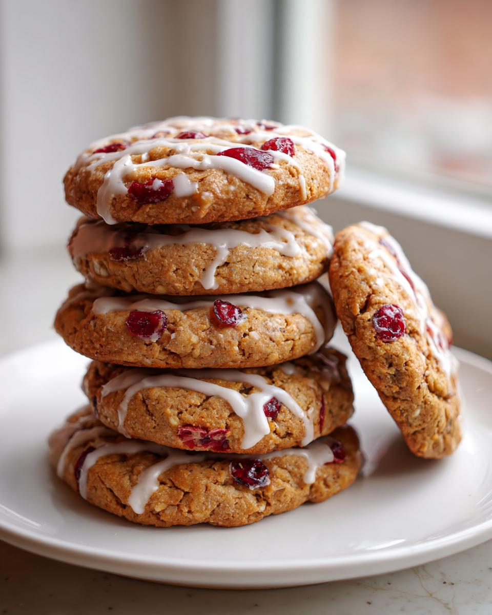 A stack of five soft cranberry orange cookies drizzled with white glaze, sitting on a white plate.