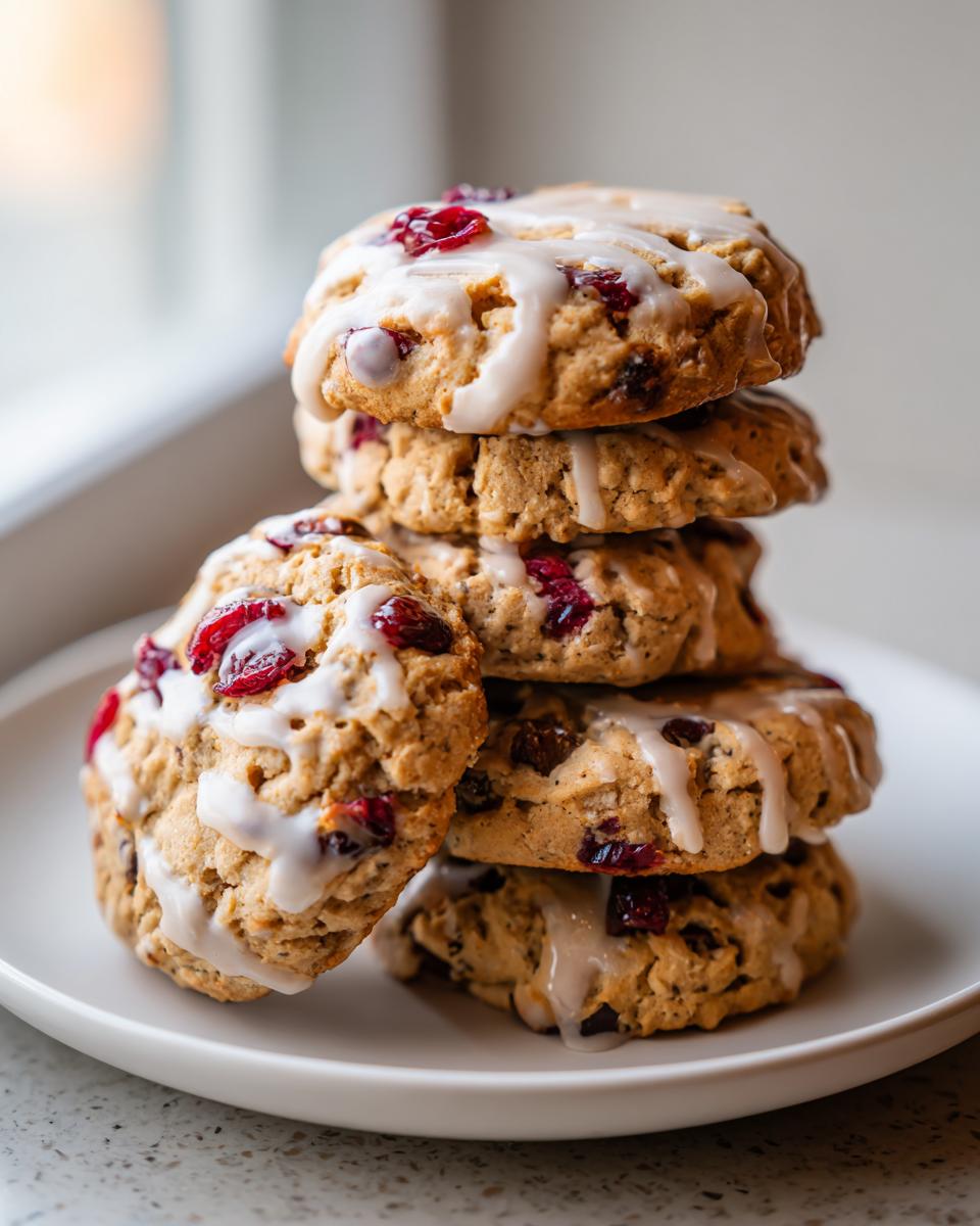 A stack of five soft cranberry orange cookies drizzled with white citrus glaze, resting on a white plate.