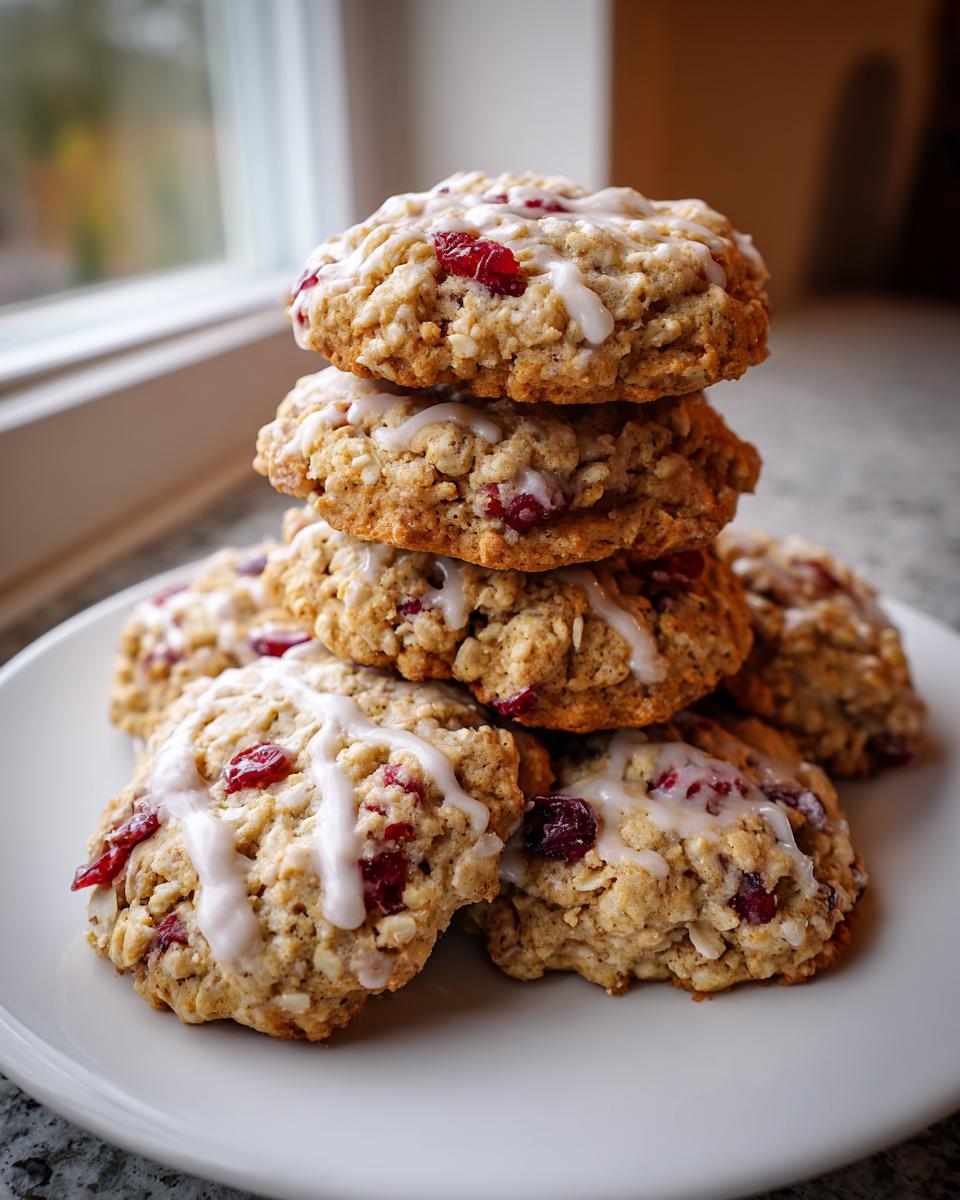 A stack of soft cranberry orange cookies featuring visible oats, dried cranberries, and a white citrus glaze drizzle.