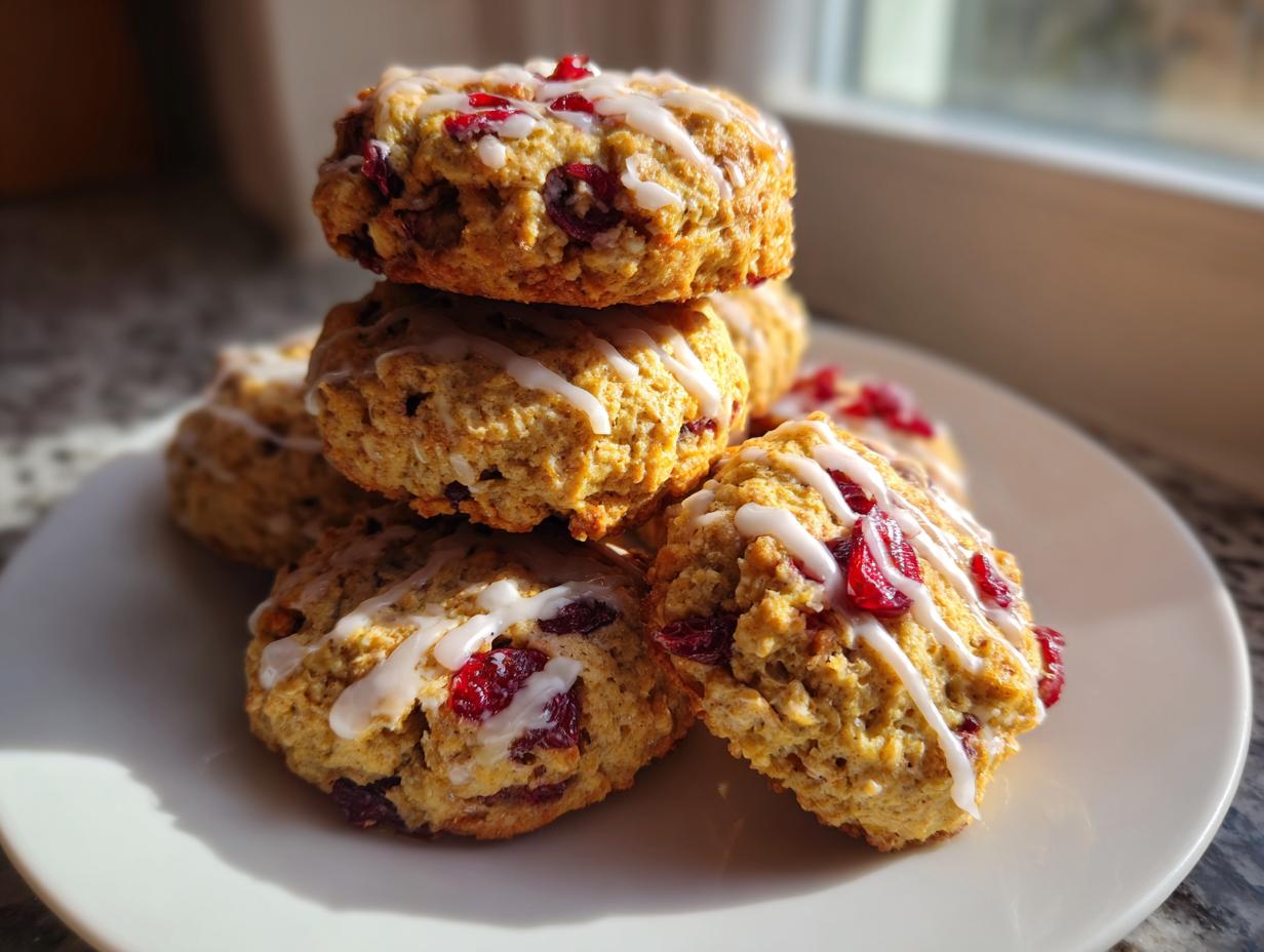 A stack of soft cranberry orange cookies drizzled with white icing, sitting on a white plate near a window.