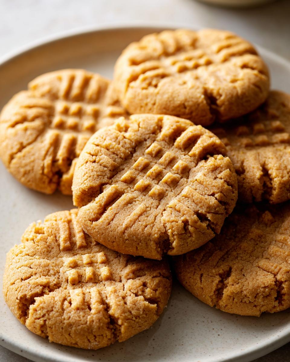 A stack of freshly baked, soft peanut butter cookies featuring classic crisscross fork marks on a light plate.