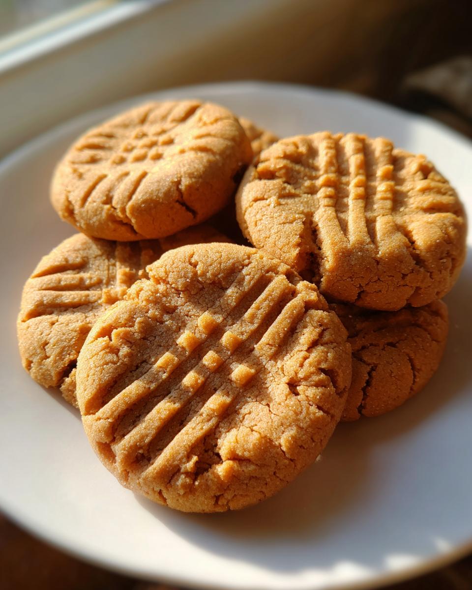 A stack of freshly baked, soft peanut butter cookies featuring classic crosshatch fork marks, sitting on a white plate.