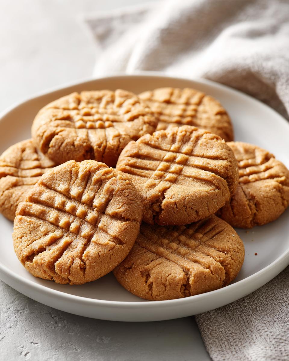 A plate piled high with freshly baked, soft peanut butter cookies featuring the classic crisscross fork marks.