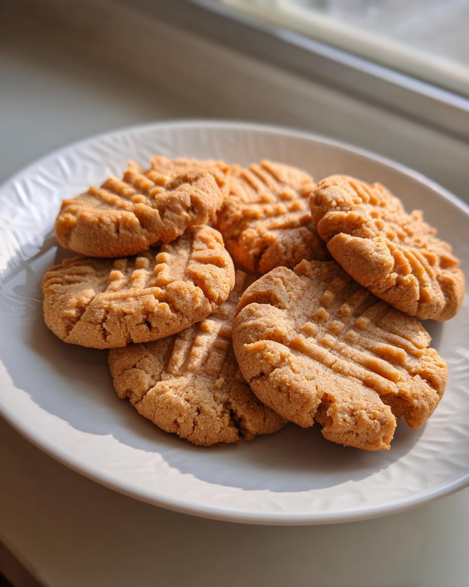 A plate of freshly baked, soft peanut butter cookies showing the classic fork crosshatch pattern, illuminated by sunlight.