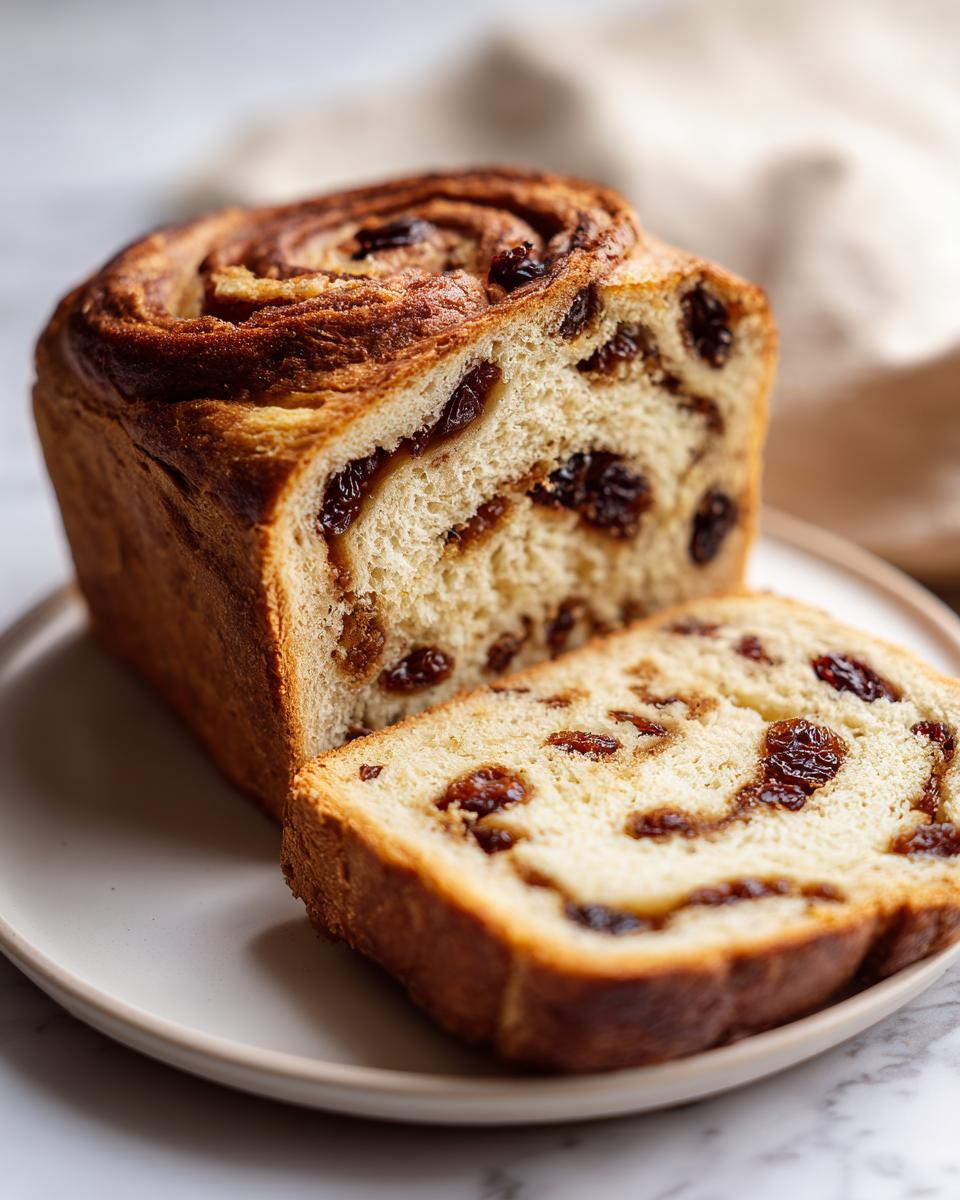 A freshly baked loaf of soft raisin bread, partially sliced, showing the swirl pattern and abundant raisins.