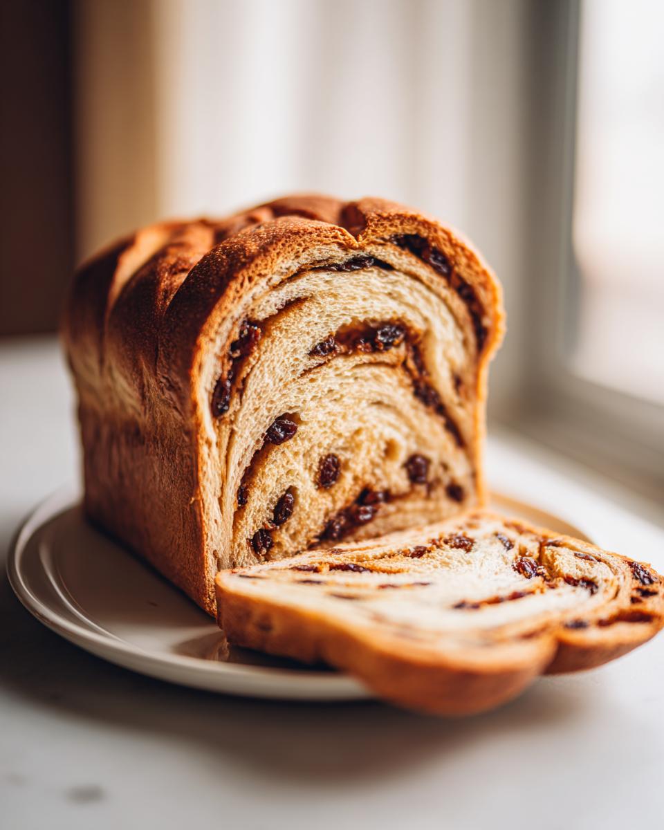 A soft loaf of homemade raisin bread, sliced to show the sweet cinnamon swirl and plump raisins inside.