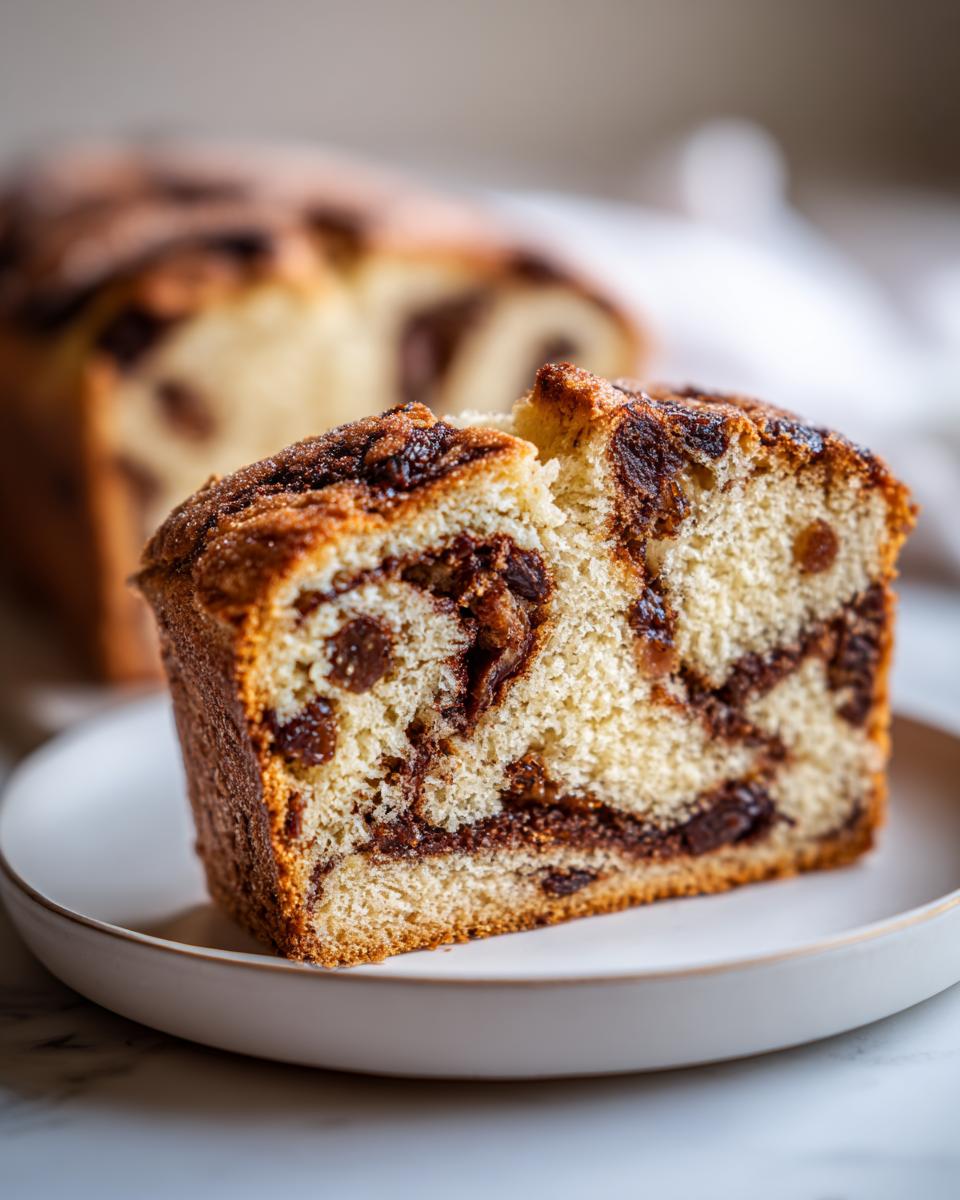 Close-up of a thick slice of soft raisin bread showing a rich cinnamon swirl and plump raisins throughout the crumb.