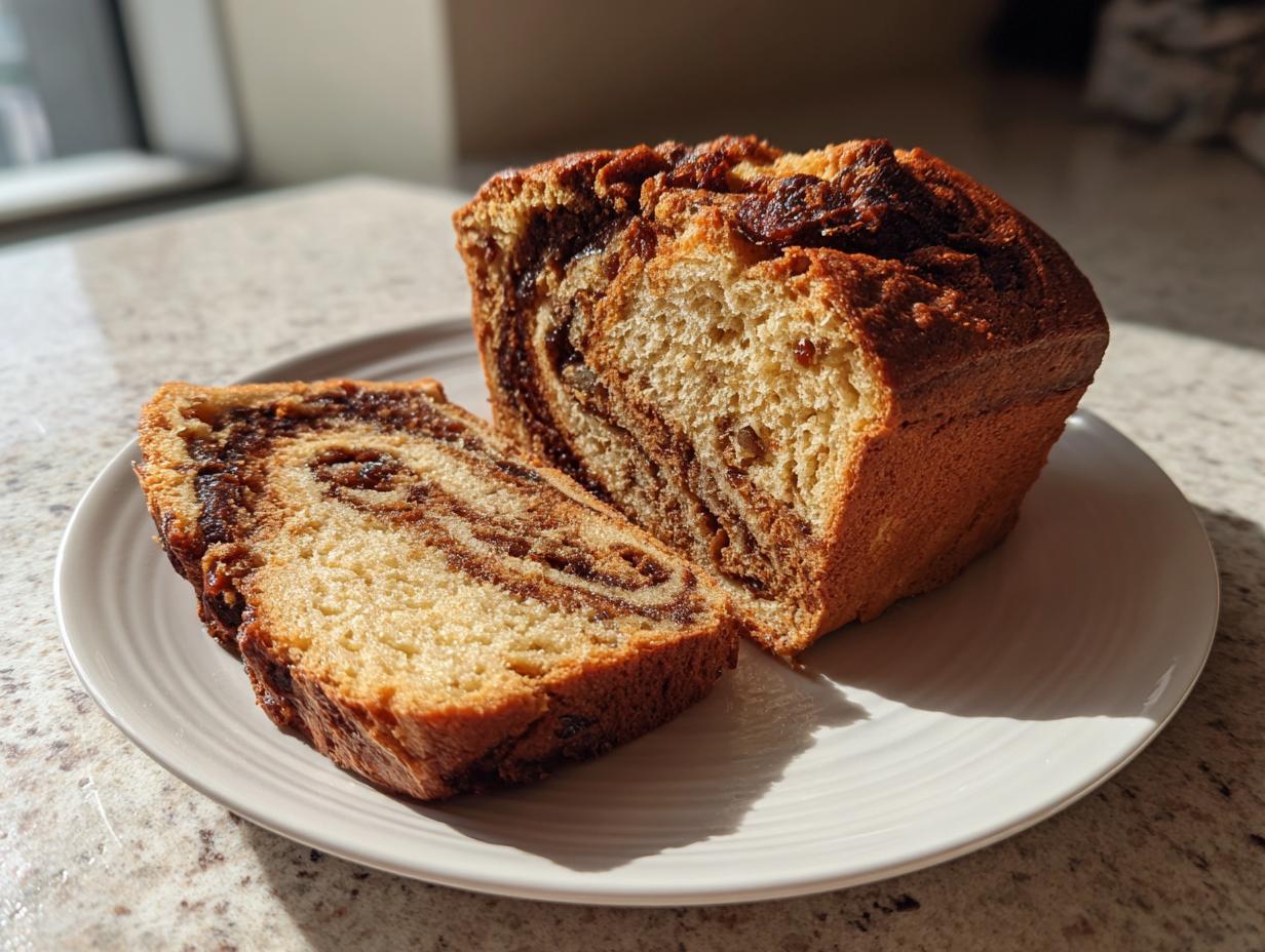 A loaf of soft raisin bread, sliced to show the beautiful cinnamon-raisin swirl interior, resting on a white plate.
