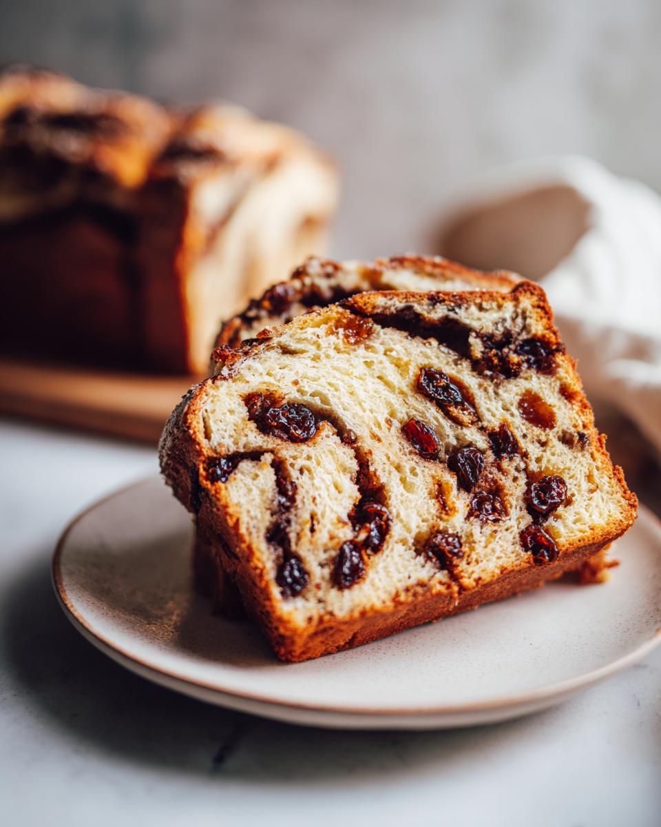 Two thick slices of soft raisin bread, rich with dark raisins, served on a small plate.