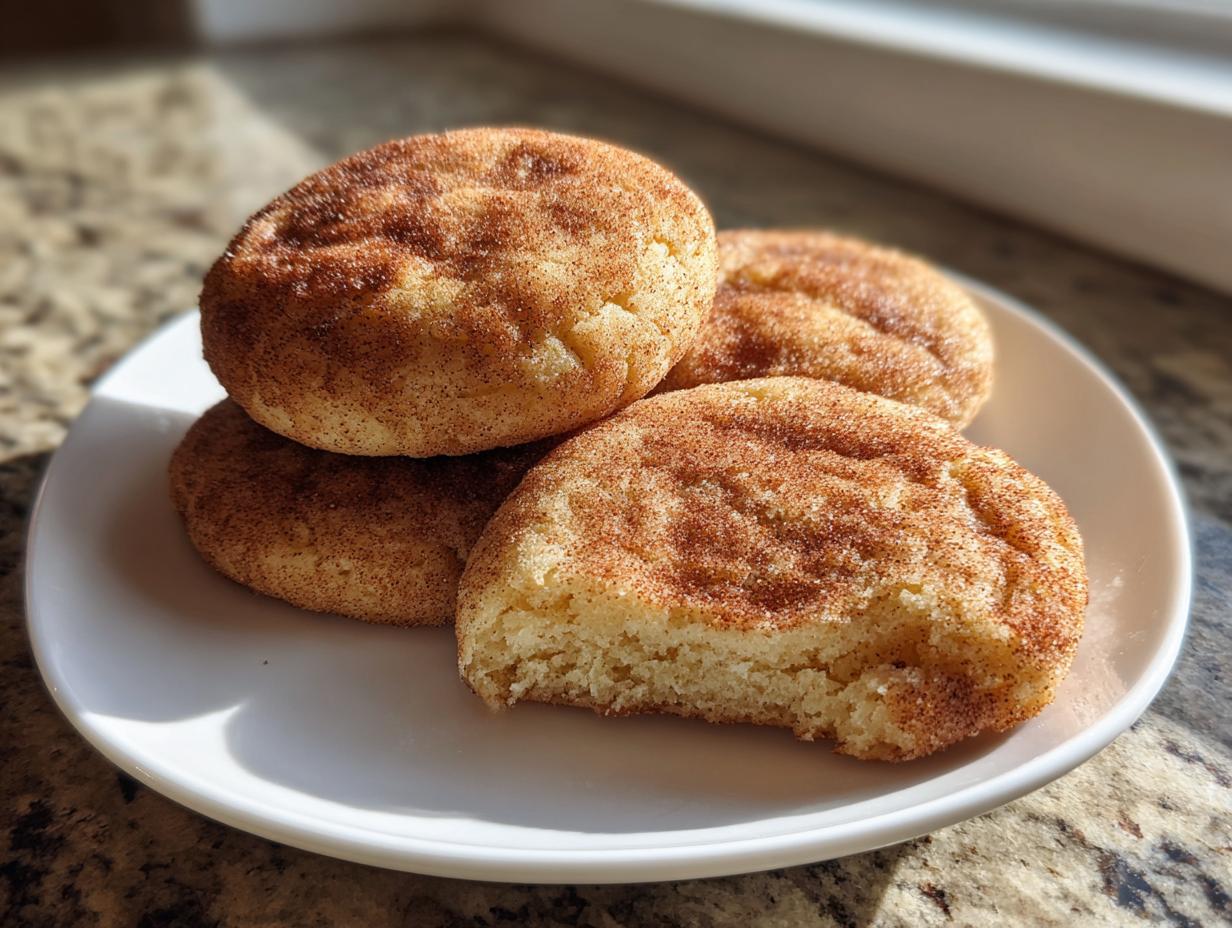 A stack of four soft, chewy snickerdoodle cookies coated in cinnamon sugar on a white plate, one has a bite taken out.