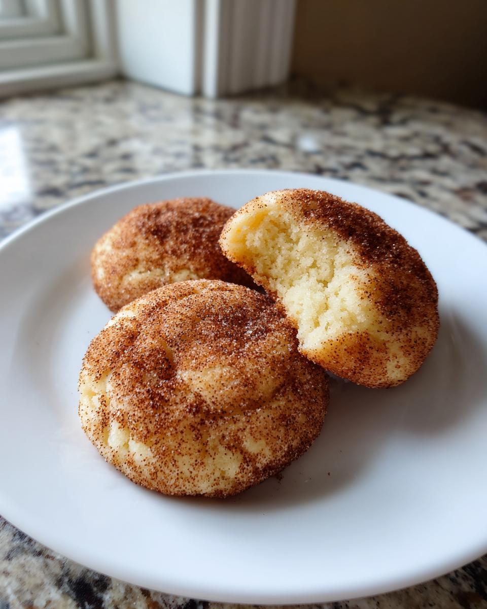 Three soft, thick snickerdoodle cookies generously coated in cinnamon sugar, with one cookie broken open to show the fluffy interior.