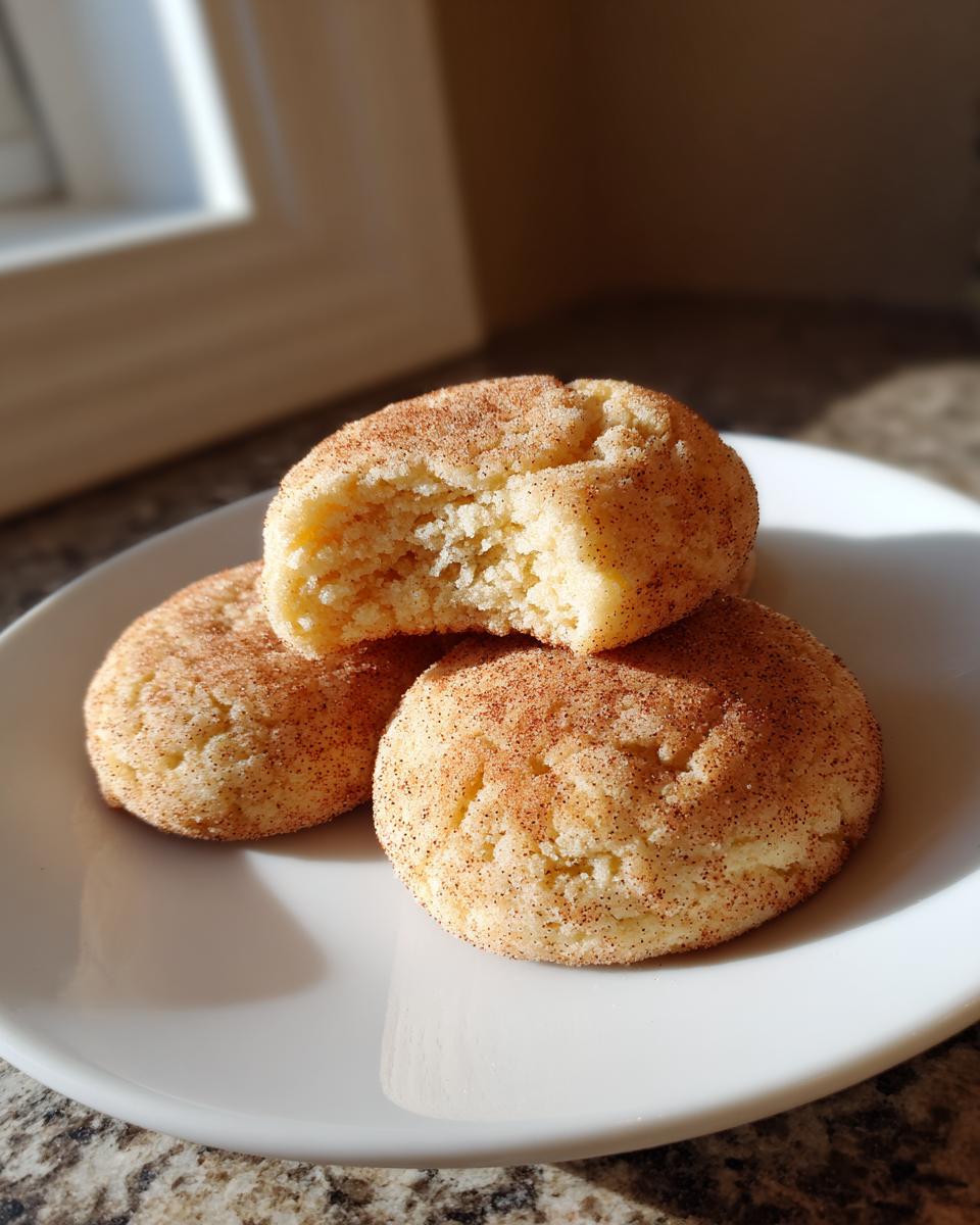 Three soft, round snickerdoodle cookies dusted with cinnamon sugar, one cookie is broken open to show the texture.