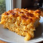 A thick, golden slice of southern baked macaroni and cheese with a bubbly, browned cheese crust.