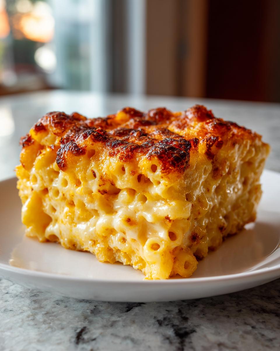A square serving of creamy, cheesy southern baked macaroni and cheese with a deeply browned, crispy top.