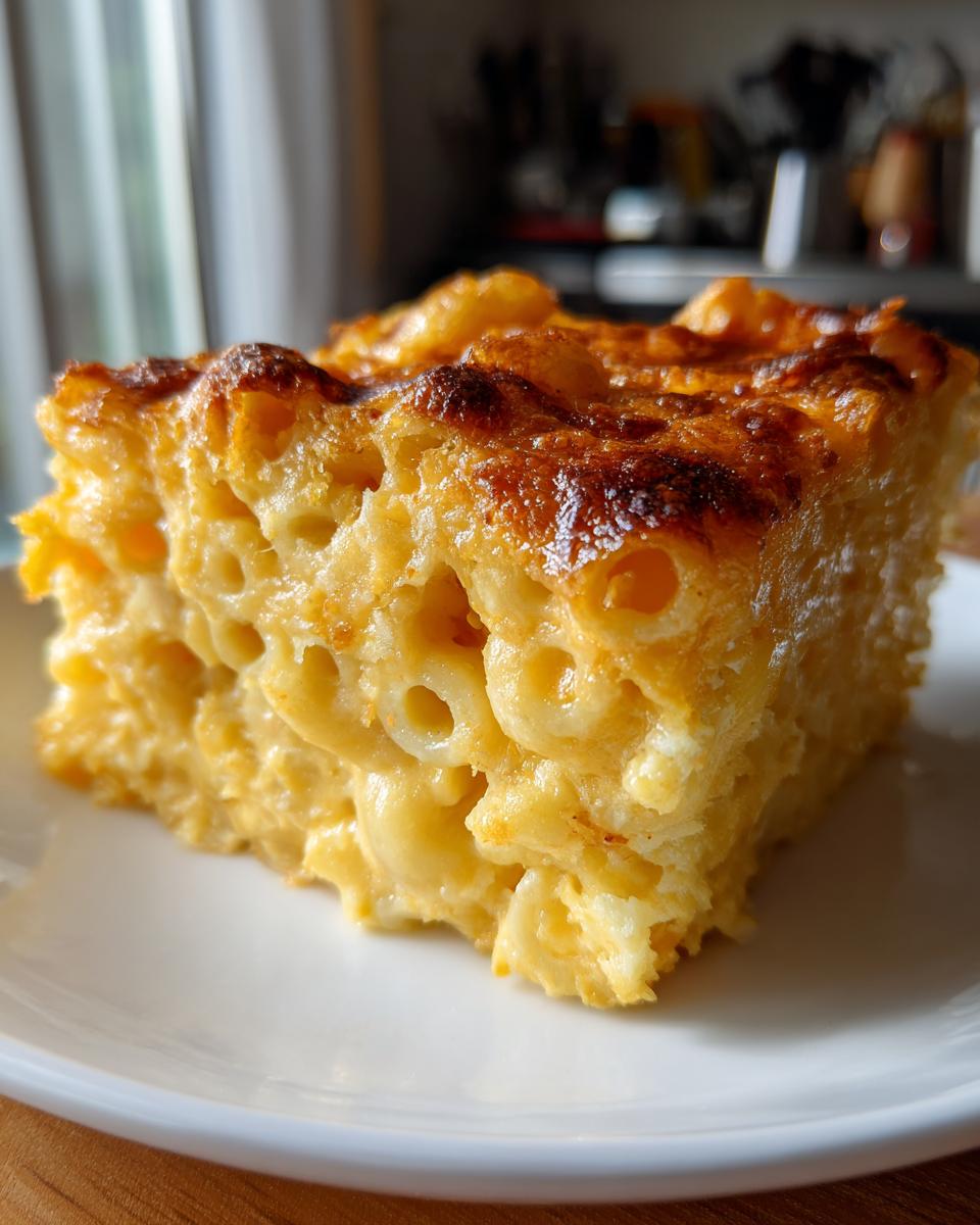 A close-up of a square slice of creamy southern baked macaroni and cheese with a golden-brown, slightly crispy top.