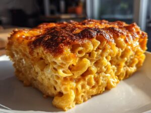 A close-up of a thick slice of creamy southern baked macaroni and cheese with a deeply browned, crispy top crust.