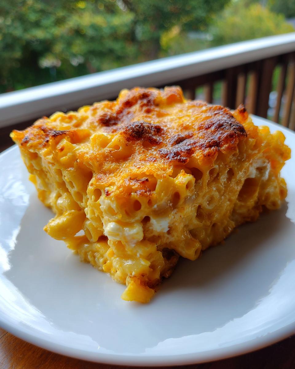 A square slice of creamy, cheesy southern baked macaroni and cheese with a golden-brown, baked top.