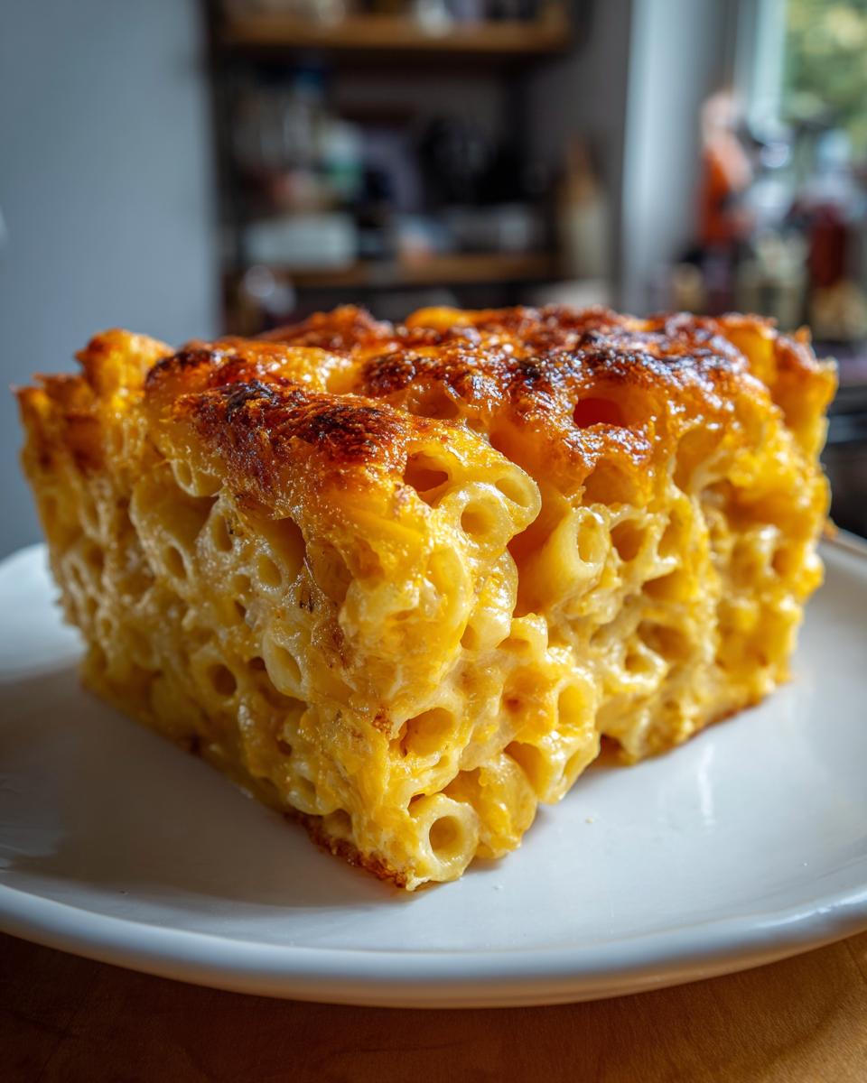 Close-up of a square slice of rich, cheesy southern baked macaroni and cheese with a golden-brown, bubbly crust.