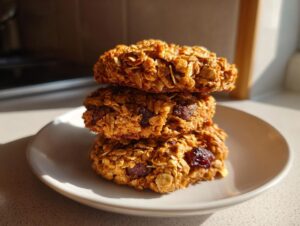 Three stacked, golden-brown breakfast cookie treats made with oats and dried fruit on a white plate.