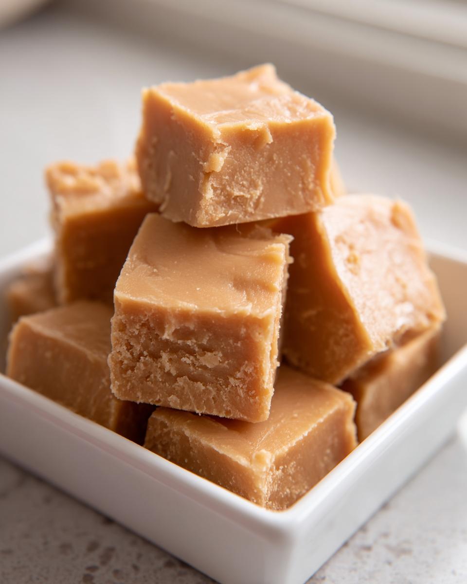 Close-up of stacked, light brown squares of creamy penuche fudge in a small white dish.