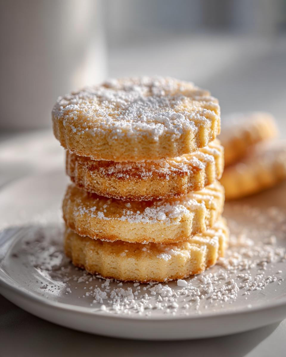 A stack of three golden butter cookies dusted heavily with powdered sugar on a light gray plate.
