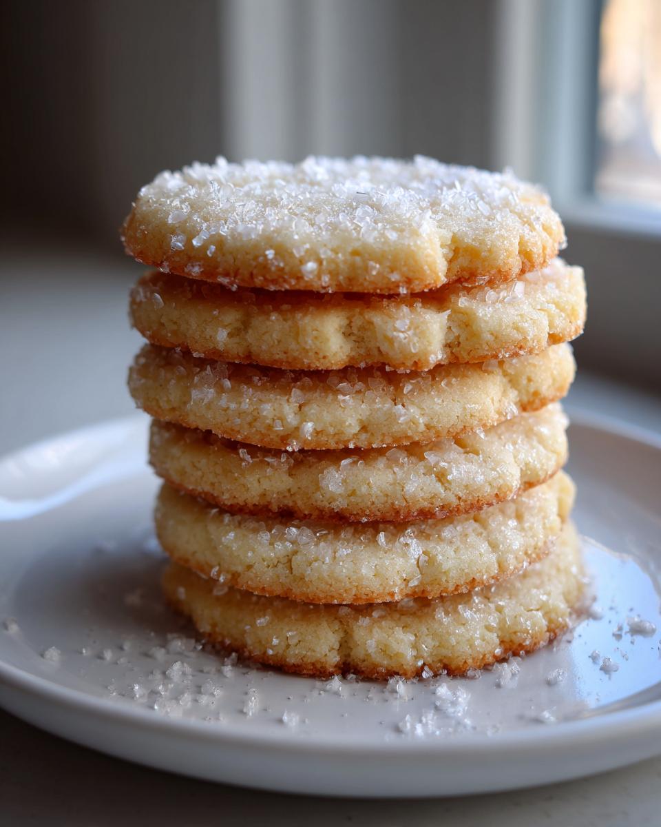 A stack of five golden butter cookies topped generously with coarse sugar crystals.