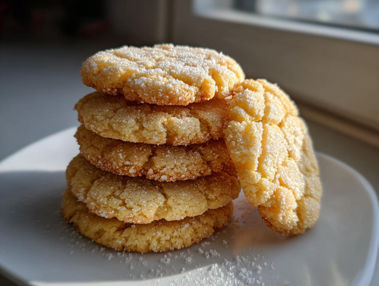 A stack of five golden, sugar-crusted butter cookies, with one leaning against the side, set against a bright window.