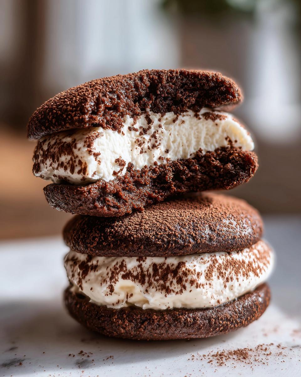 A stack of two decadent tiramisu cookies featuring dark chocolate wafers and thick vanilla cream filling, dusted with cocoa powder.