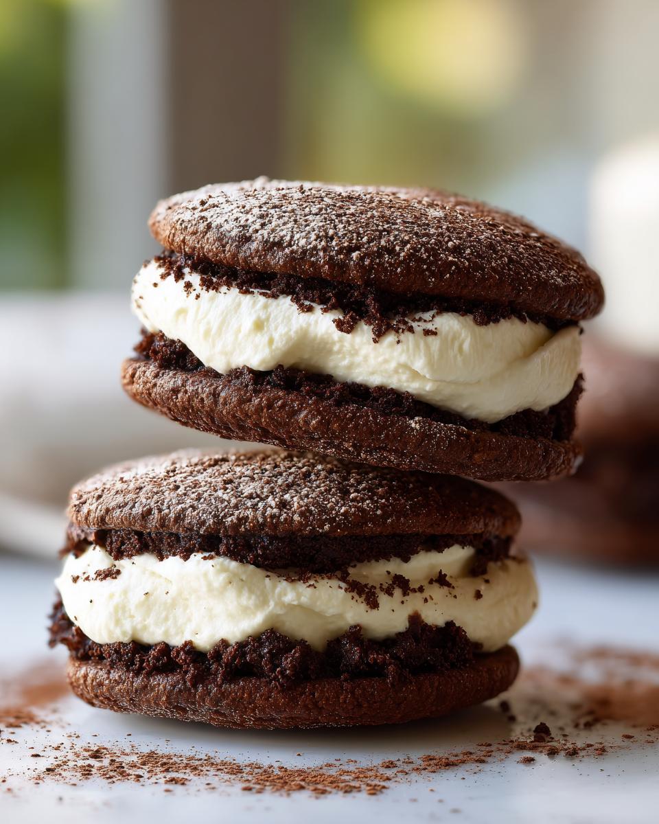 Two stacked chocolate tiramisu cookies filled with thick white cream and dusted with powdered sugar.